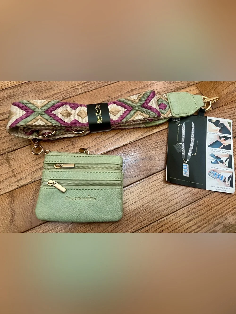 Save the Girls Clip & Go Strap w/ Zippered Pouch NWT Sage green - Picture 2 of 11